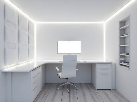 Minimalist White-Themed Gaming Room with Sleek Curved Desk and LED Ambience. - Powered by Adobe