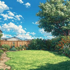 Sunny backyard scene with lush greenery and a house