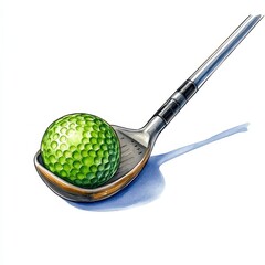 Vivid Green Golf Ball Resting in Golf Club Head on Clean White Background