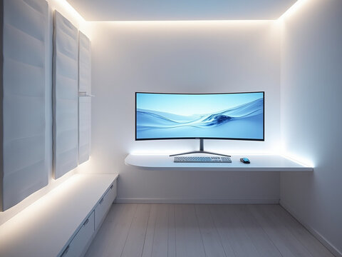 Minimalist White-Themed Gaming Room with Sleek Curved Desk and LED Ambience.