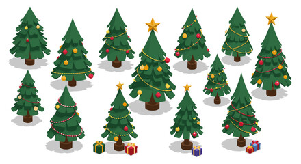 Festive christmas tree designs with decorations and gifts on white background