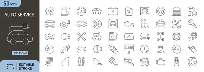 Auto Service icons set. Includes icons for car repair, maintenance, mechanic, tools, diagnostics, tire service, oil change, engine check, and vehicle inspection. Editable stroke. Line icons.