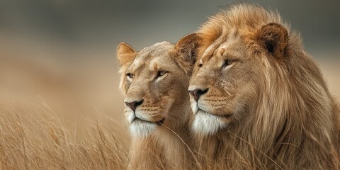 Fototapeta premium Couple of lions resting together in the tall grass during a serene afternoon in the savannah