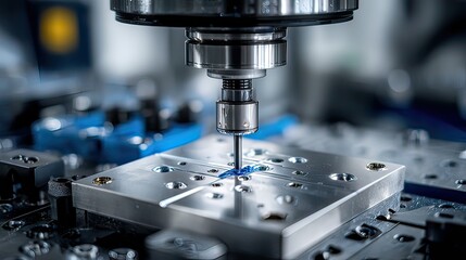Precision machining process using CNC milling machine on metallic workpiece with detailed close-up view in modern workshop environment