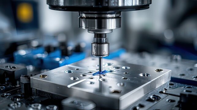 Precision machining process using CNC milling machine on metallic workpiece with detailed close-up view in modern workshop environment