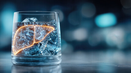 A healthy liver concept showcased in a glass filled with ice cubes. The image features a vibrant illustration of a liver inside a glass of ice
