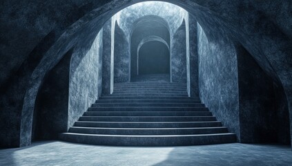 Obraz premium Mysterious stone staircase ascending in a dark, arched cellar