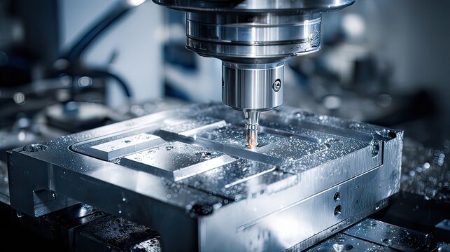Precision CNC machining process showcasing metal milling cutter and workpiece in industrial environment