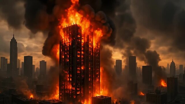 Catastrophic Urban Inferno: Skyscraper Engulfed in Intense Flames and Thick Smoke, Casting a Dark Shadow Over a Burning City Skyline at Dusk