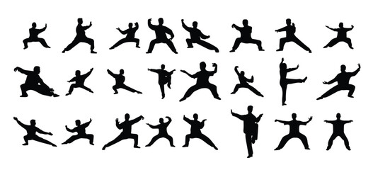 set of Kungfu wushu tai chi silhouettes