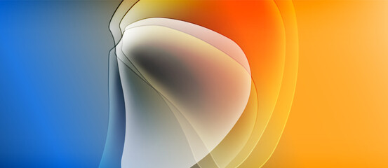Abstract fluid shapes blend blue, yellow, orange hues. Soft gradients create luminous, organic forms. Minimalist design evokes calm energy.