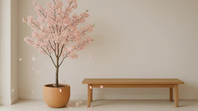 Serene Minimalist Indoor Space with Potted Cherry Blossom Tree and Wooden Bench, Featuring Delicate Pink Flowers and Falling Petals on a Clean Beig...