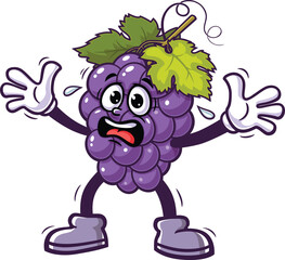 Cartoon mascot of grapes is panicking or scared