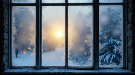 Fototapeta premium **Frosted Thick-Paned Window with Icy Fractals and Muted Gold Glow with Copy Space** 