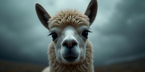 Llama gazing at camera under moody sky