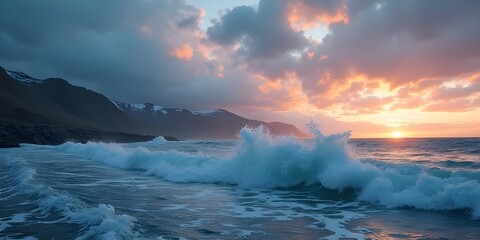 Fototapeta premium Waves crashing under vibrant sunset sky