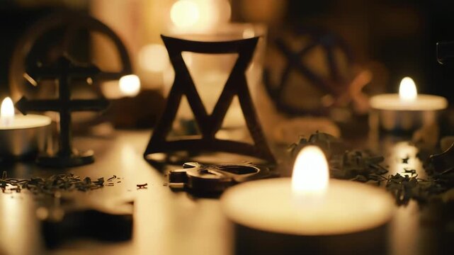 Mystical witchcraft altar scene with glowing candles, magical symbols, and scattered herbs for a spiritual ceremony
