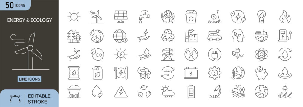 Energy and Ecology icons set. Includes icons for renewable energy, solar power, wind turbines, recycling, sustainability, eco-friendly practices, conservation, green energy, environment, and nature.