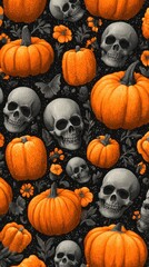 Artwork featuring skulls and pumpkins in a vibrant Halloween-themed pattern set against a dark background