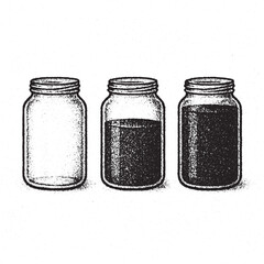 Grainy black and white illustration of three jars representing empty half full and full containers symbolizing balance growth storage concept optimism perspective life and choices