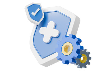3d shield with gear icon. security and protection concept. Minimal cartoon system setting with health cross and check mark isolated on white background. 3d render.