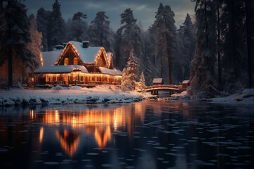 Fototapeta premium The snow house is located next to the lake and is illuminated at dusk.