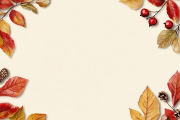 Autumn leaves and berries frame beige background fall. Seasonal foliage fruit border on ecru backdrop autumnal decoration harvest thanksgiving botanical organic nature september
