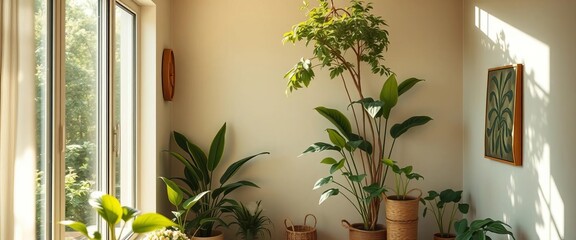 Eco-friendly home interior, sunlight streaming through window, sunlight, happy home