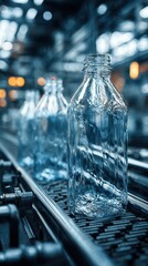 Clear glass bottles move along a conveyor belt in a manufacturing plant during the day as part of the bottling process