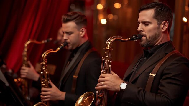 Three elegant musicians play saxophones for a sophisticated event performance