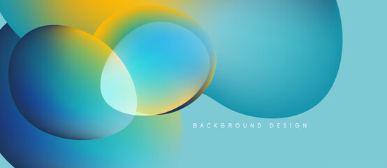 Abstract fluid shapes overlap. Blue, yellow gradients create dynamic visual effect. Modern design element for backgrounds.