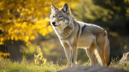 Fototapeta premium Gray wolf standing alert in autumn forest.