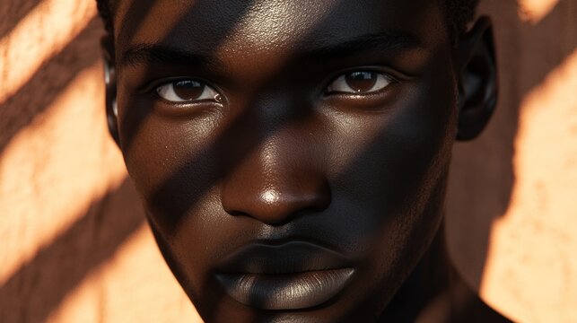 Close-up portrait of a young Black man's face, partially shadowed by diagonal lines of sunlight.