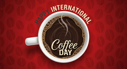 Happy International Coffee Day celebration with cup of hot coffee on red background