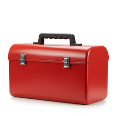 Red metal toolbox with handle and silver lock mechanism