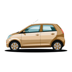 Side view of a beige colored hatchback car with black tires parked on a dark surface on white background