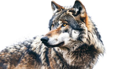 Obraz premium Close-up profile view of a magnificent wolf, showcasing its rich coat of browns, grays, and whites, against a stark white background.
