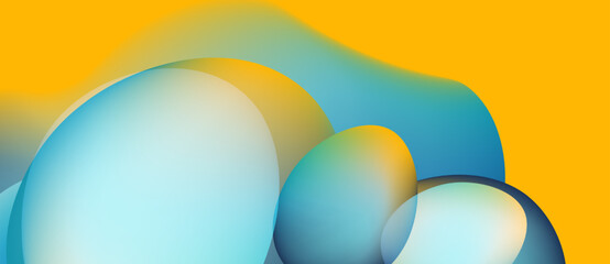 Abstract fluid shapes blend, creating soft gradients. Yellow backdrop complements cool blue tones. Minimalist design evokes calm feeling.