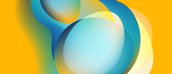 Abstract fluid shapes blend, creating vibrant yellow, blue, green gradients. Smooth curves suggest motion, energy, modern design aesthetic.