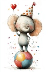 Cartoon elephant in a party hat on a colorful ball, bright confetti around it, white background, for children's books and greeting cards.