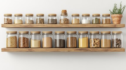 Glass spice jars in a neat row on a wooden shelf. Warm kitchen, comforting and well-organized.