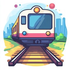 Colorful train traveling on railway tracks through green landscape with city skyline in background