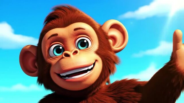 Cute chimpanzee cartoon waving happily under a blue sky