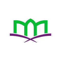 Green building design upon purple open book symbol for ecofriendly architecture concepts in educational or environmental presentations. Ideal for green construction.