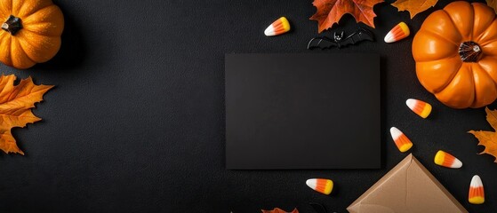 Festive Halloween mockup with blank card surrounded. Joyous autumnal holiday presentation using empty notice encircled. spooky october celebration decoration season greeting