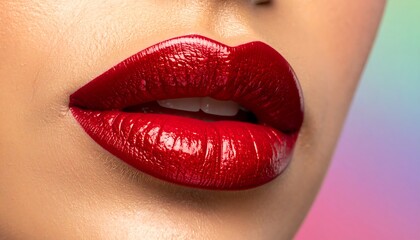 Fototapeta premium Close-up view of luscious, vibrant red lips, showcasing a glossy finish and a captivating, sensual appeal.