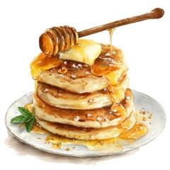 Stack of golden pancakes drizzled with honey and butter, topped with a honey dipper