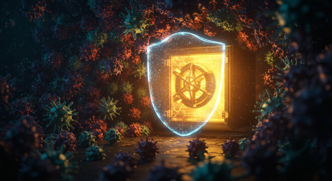 Concept of protection against viral pandemic. A glowing shield safeguards a vault surrounded by microscopic representations of viruses