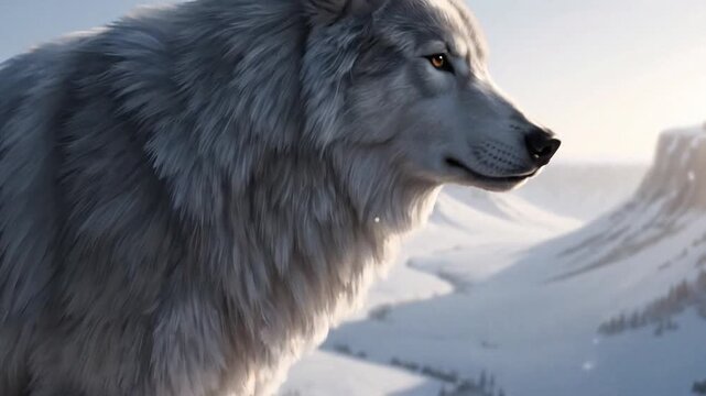 A solitary white wolf is depicted gazing across a frozen valley from a high ridge with broad brush strokes expressive