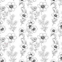 Seamless Pattern, Delicate floral pattern with intricate line art of meadow flowers and foliage Stock royalty free image.